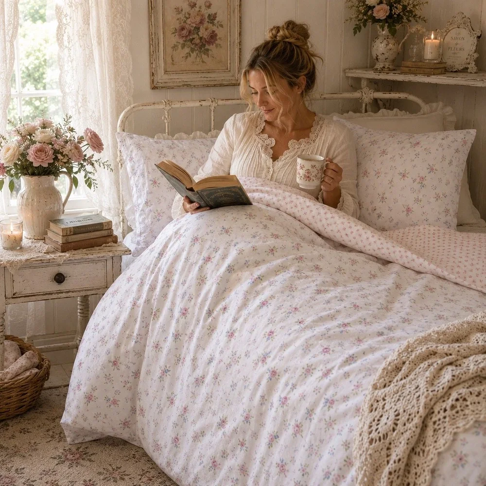 VtgTwin Reversible Duvet Cover Shabby Chic Cottage Floral Cotton Pink Romantic